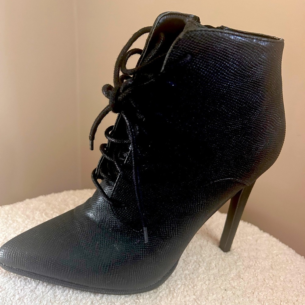 Qupid Black pointed toe, mid calf boot, 5’ heel